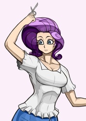 Size: 600x848 | Tagged: safe, artist:franschesco, rarity, human, g4, :3, clothes, female, humanized, scissors, shirt, simple background, solo