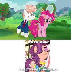 Size: 1279x1302 | Tagged: safe, screencap, diamond tiara, pinkie pie, spoiled rich, svengallop, earth pony, pony, crusaders of the lost mark, g4, the mane attraction, debate in the comments, discovery family logo, drama, image macro, lies, male, meme, op is a duck, smiling, spoiled rich drama, stallion, worst pony