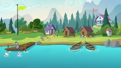Size: 1920x1080 | Tagged: safe, screencap, applejack, coloratura, lavandula, nature walk, paige, russell, shady blues, soft ice, summer joy, trailhead, wild card, g4, the mane attraction, cabin, camp friendship, canoe, filly, outhouse, swimming, unnamed character, unnamed pony