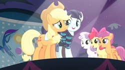 Size: 1920x1080 | Tagged: safe, screencap, apple bloom, applejack, coloratura, scootaloo, sweetie belle, earth pony, pegasus, pony, unicorn, g4, season 5, the mane attraction, apple bloom's bow, applejack's hat, bow, braid, cowboy hat, cutie mark crusaders, female, filly, flag of equestria, foal, hair bow, hat, mare, stage, the cmc's cutie marks