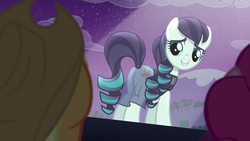Size: 1280x720 | Tagged: safe, screencap, applejack, coloratura, pinkie pie, pony, season 5, the mane attraction, butt, clothes, dress, female, grin, looking back, mare, plot, rara, smiling, spotlight, stage