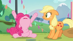 Size: 1920x1080 | Tagged: safe, screencap, applejack, pinkie pie, earth pony, pony, g4, season 5, the mane attraction, cartoon physics, great moments in animation