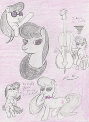 Size: 2329x3197 | Tagged: safe, artist:darkknightwolf2011, octavia melody, g4, accessory swap, bow (instrument), broken, cello, female, filly, high res, implied vinyl scratch, musical instrument, sketch, sketch dump, solo, stool, traditional art, vinyl's glasses, younger