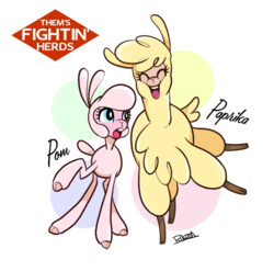 Size: 600x593 | Tagged: safe, artist:rikuta, paprika (tfh), pom (tfh), alpaca, lamb, sheep, them's fightin' herds, chest fluff, cloven hooves, community related, duo, female, simple background, white background