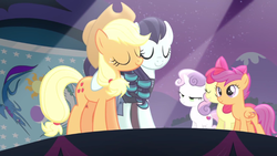 Size: 1600x900 | Tagged: safe, screencap, apple bloom, applejack, coloratura, scootaloo, sweetie belle, g4, the mane attraction, cutie mark crusaders, rara, stage