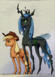 Size: 500x696 | Tagged: safe, artist:adeptus-monitus, applejack, queen chrysalis, changeling, changeling queen, earth pony, pony, g4, cowboy hat, female, hat