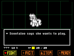 Size: 640x480 | Tagged: dead source, safe, artist:fillerartist, edit, scootaloo, g4, crossover, female, pixel art, playful, solo, style emulation, undertale, video game