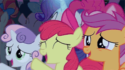 Size: 400x225 | Tagged: safe, screencap, apple bloom, pinkie pie, rainbow stars, rarity, scootaloo, sweetie belle, tender brush, winter lotus, earth pony, pegasus, pony, unicorn, g4, season 5, the mane attraction, adorabloom, animated, apple bloom's bow, bow, cheering, cute, cutealoo, cutie mark crusaders, diasweetes, eyes closed, female, filly, foal, gif, glowing horn, hair bow, horn, mare, open mouth, raised hoof