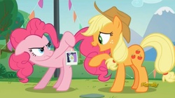 Size: 1669x937 | Tagged: safe, screencap, applejack, pinkie pie, earth pony, pony, g4, the mane attraction, discovery family logo, female, mare