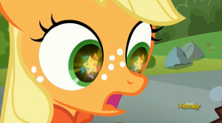 Size: 1671x932 | Tagged: safe, screencap, applejack, g4, the mane attraction, camp friendship, cutie mark, discovery family logo, eyes on the prize, filly, filly applejack, shocked, younger