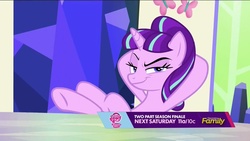 Size: 1920x1080 | Tagged: dead source, safe, screencap, starlight glimmer, g4, the cutie re-mark, crossed legs, discovery family, discovery family logo, evil smile, friendship throne, like a boss, pure unfiltered evil, raised eyebrow, s5 starlight, smug, smuglight glimmer, welcome home twilight