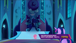 Size: 1920x1080 | Tagged: safe, screencap, nightmare moon, princess luna, twilight sparkle, alicorn, pony, g4, the cutie re-mark, banner, discovery family logo, female, mare, nightmare takeover timeline, shadow, throne, twilight sparkle (alicorn), youtube link