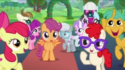 Size: 2048x1149 | Tagged: safe, screencap, apple bloom, diamond tiara, featherweight, lily longsocks, photo finish, scootaloo, silver spoon, snails, twist, g4, the mane attraction, camera