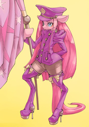 Size: 2039x2894 | Tagged: safe, artist:unousaya, pinkie pie, earth pony, pony, semi-anthro, g4, arm hooves, bipedal, clothes, flag, high heel boots, high heels, high res, pinkamena diane pie, shoes, uniform
