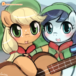 Size: 750x750 | Tagged: safe, artist:lumineko, applejack, coloratura, earth pony, pony, g4, season 5, the mane attraction, blushing, camp friendship, clothes, cute, duo, female, filly, filly applejack, filly coloratura, foal, freckles, guitar, hnnng, jackabetes, looking at you, lumineko is trying to murder us, musical instrument, open mouth, patreon, patreon logo, rara, rarabetes, smiling, sweet dreams fuel, that was fast, weapons-grade cute, younger