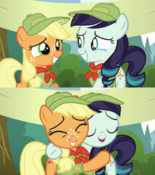 Size: 1280x1440 | Tagged: safe, screencap, applejack, coloratura, earth pony, pony, the mane attraction, camp friendship, crying, cute, eyes closed, female, filly applejack, filly coloratura, hug, jackabetes, looking at you, open mouth, rara, rarabetes, smiling, stage, tears of joy