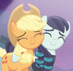 Size: 258x253 | Tagged: safe, screencap, applejack, coloratura, earth pony, pony, the mane attraction, animated, cute, eyes closed, female, gif, jackabetes, lowres, mare, nuzzling, rara, rarabetes, shipping fuel, smiling, snuggling, squishy cheeks