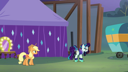 Size: 1280x720 | Tagged: safe, screencap, applejack, coloratura, g4, the mane attraction, mirror, outfit, rara, tent, trailer