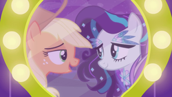 Size: 1280x720 | Tagged: safe, screencap, applejack, coloratura, g4, the mane attraction, countess coloratura, eye contact, mirror, open mouth, rara, reflection, smiling