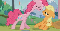 Size: 1856x961 | Tagged: safe, screencap, applejack, pinkie pie, g4, the mane attraction, animation error, discovery family logo, great moments in animation, long neck