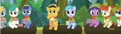 Size: 3723x1071 | Tagged: safe, edit, edited screencap, screencap, lavandula, nature walk, paige, russell, shady blues, soft ice, wild card, g4, the mane attraction, archie comics, camp friendship, clothes, colt, comic book, discovery family logo, filly, food, glasses, hat, log, neckerchief, playing card, popcorn, scout uniform, shirt, unnamed character, up