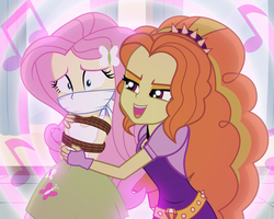 Size: 800x640 | Tagged: safe, artist:radiantrealm, adagio dazzle, fluttershy, equestria girls, g4, a-domme-gio, bondage, bound and gagged, canterlot high, cloth gag, clothes, duo, female, femsub, fingerless gloves, fluttersub, gag, gloves, lesbian, music notes, open mouth, ropes, shipping, show accurate, shyagio, singing, skirt, spikes, submissive, tank top, tied up
