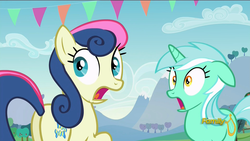 Size: 1920x1080 | Tagged: safe, screencap, bon bon, lyra heartstrings, sweetie drops, earth pony, pony, g4, the mane attraction, bon butt, butt, discovery family logo, female, gasp, mare, open mouth, plot, shocked