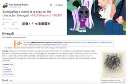 Size: 1160x766 | Tagged: safe, screencap, coloratura, svengallop, g4, the mane attraction, amy keating rogers, countess coloratura, meta, svengali, text, twitter, wikipedia