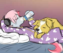 Size: 600x503 | Tagged: safe, artist:jitterbugjive, oc, oc only, oc:smudge, dog, pony, adult foal, baby bottle, bed, bottle, dexterous hooves, foal bottle, footed sleeper, headphones, lying down, lying on bed, nap, on back, on bed, onesie, pink hair