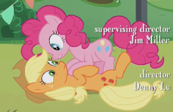 Size: 1125x727 | Tagged: safe, screencap, applejack, pinkie pie, g4, the mane attraction, animated, female, loop, out of context, tigger, winnie the pooh