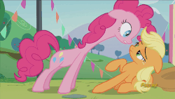 Size: 1920x1080 | Tagged: safe, screencap, applejack, pinkie pie, earth pony, pony, g4, the mane attraction, animated, cartoon physics, discovery family logo, eye contact, female, floppy ears, frown, gritted teeth, head shake, long neck, loop, mare, raised hoof, sitting, wide eyes, worried