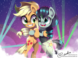 Size: 1890x1405 | Tagged: safe, artist:esuka, applejack, coloratura, pony, g4, the mane attraction, bipedal, clothes, cowboy hat, duo, female, glowing cutie mark, hat, legs together, lights, night sky, one eye closed, open mouth, rara, signature, stars, stetson, that was fast