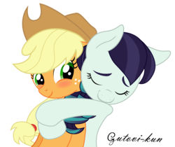 Size: 1988x1667 | Tagged: safe, artist:gutovi, applejack, coloratura, g4, the mane attraction, blushing, cowboy hat, eyes closed, female, freckles, hat, hug, lesbian, rara, ship:rarajack, shipping, signature, stetson, that was fast, trace