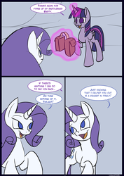 Size: 850x1200 | Tagged: safe, artist:kanashiipanda, rarity, twilight sparkle, alicorn, pony, comic:royal moment, g4, comic, dialogue, female, mare, saddle bag, twilight sparkle (alicorn)