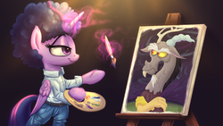Size: 1920x1080 | Tagged: safe, artist:pirill, discord, twilight sparkle, alicorn, pony, g4, what about discord?, afro, belt, bipedal, bob ross, canvas, clothes, discord is not amused, easel, eye contact, female, fluffy, frown, glare, hoof hold, levitation, lidded eyes, magic, mare, painting, pants, reference, role reversal, simple background, smirk, smug, telekinesis, the tables have turned, twilight sparkle (alicorn), unamused