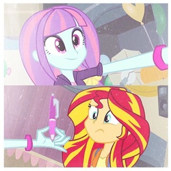 Size: 640x640 | Tagged: safe, artist:gouhlsrule, edit, edited screencap, screencap, sunny flare, sunset shimmer, equestria girls, g4, my little pony equestria girls: friendship games, adoraflare, alternate hairstyle, alternate universe, cute, pen