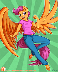 Size: 914x1137 | Tagged: safe, artist:sorcerushorserus, scootaloo, pegasus, anthro, unguligrade anthro, g4, clothes, commission, female, happy, jeans, midriff, open mouth, pants, patreon, patreon logo, shirt, smiling, solo, sunburst background, the dashies