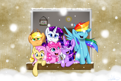 Size: 1024x683 | Tagged: safe, artist:violyre, applejack, fluttershy, pinkie pie, rainbow dash, rarity, twilight sparkle, alicorn, earth pony, pegasus, pony, unicorn, g4, female, mane six, mare, smiling, snow, snowfall, twilight sparkle (alicorn), window