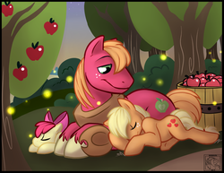 Size: 1000x772 | Tagged: safe, artist:sciggles, apple bloom, applejack, big macintosh, earth pony, firefly (insect), pony, g4, apple, apple siblings, food, male, prone, sleeping, smiling, stallion, tree, twilight (astronomy)