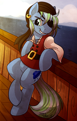 Size: 818x1280 | Tagged: safe, artist:sugaryviolet, oc, oc only, oc:sound check, pony, bipedal, clothes, eyepatch, pirate, pirate costume, solo