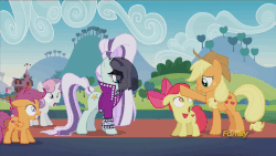 Size: 1920x1080 | Tagged: safe, screencap, apple bloom, applejack, coloratura, scootaloo, sweetie belle, g4, the mane attraction, animated, countess coloratura, cutie mark crusaders, discovery family logo, female, gif, jaw drop, loop, stunned, waving