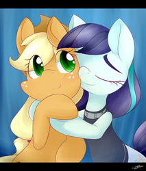 Size: 4000x4700 | Tagged: safe, artist:dshou, applejack, coloratura, g4, season 5, the mane attraction, absurd resolution, clothes, cowboy hat, eyes closed, female, freckles, hat, hug, lesbian, letterboxing, rara, ship:rarajack, shipping, signature, stetson, that was fast