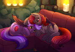 Size: 1280x902 | Tagged: safe, artist:sugaryviolet, oc, oc only, oc:aurora, oc:night ruby, bat pony, pony, bat wings, blushing, candle, couch, cuddling, duo, female, hug, lesbian, snuggling, winghug