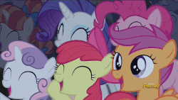 Size: 1920x1080 | Tagged: safe, screencap, apple bloom, pinkie pie, rainbow stars, rarity, scootaloo, star bright, sweetie belle, tender brush, winter lotus, g4, the mane attraction, animated, cheering, cutie mark crusaders, discovery family logo, headbob, loop