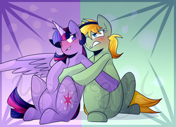 Size: 2014x1456 | Tagged: safe, artist:woogiegirl, twilight sparkle, alicorn, earth pony, pony, spiders and magic: rise of spider-mane, g4, blushing, catfight, crossover, gwen stacy, male, ponified, spider-gwen, spider-man, spiders and magic iv: the fall of spider-mane, twilight sparkle (alicorn), watermark