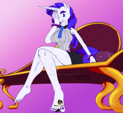 Size: 1024x941 | Tagged: safe, artist:artistafrustrado, rarity, oc, anthro, plantigrade anthro, g4, barefoot, breasts, busty rarity, colored, commission, feet, female, foot fetish, giant anthro, micro, size difference, watermark