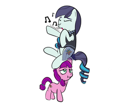 Size: 1168x1000 | Tagged: safe, artist:mightyshockwave, coloratura, lily longsocks, earth pony, pony, g4, the mane attraction, :t, background pony, clothes, dress, eyes closed, female, filly, lifting, mare, music notes, open mouth, parody, rara, simple background, singing, smiling, strong, white background