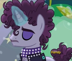 Size: 1270x1079 | Tagged: safe, screencap, prance (g4), undertone, pony, unicorn, g4, the mane attraction, background pony, chest hair, clothes, collar, discovery family logo, eyes closed, facial hair, glowing horn, horn, magic, male, moustache, necklace, ponified, prince (musician), solo, stallion, the spectacle, unicorn magic, vest