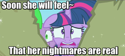 Size: 800x357 | Tagged: safe, edit, edited screencap, screencap, spike, twilight sparkle, alicorn, pony, g4, the cutie re-mark, anastasia, don bluth, female, image macro, in the dark of the night, mare, meme, movie reference, scared, scroll, song reference, twilight sparkle (alicorn)