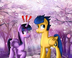 Size: 1024x833 | Tagged: safe, artist:hellencreepynekofan, flash sentry, twilight sparkle, alicorn, pony, g4, blushing, cherry blossoms, female, male, mare, ship:flashlight, shipping, straight, tree, twilight sparkle (alicorn)